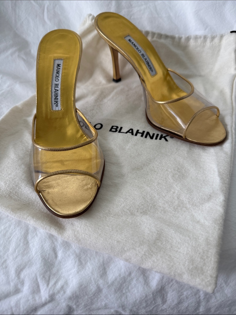 Manolo Blahnik Metallic Gold Clear PVC High-Heel Slides